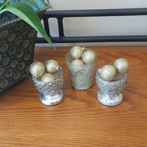 Painted Gold Decorative Tealight/Votive Holder Set (3) w/ Glitter Ball Ornaments